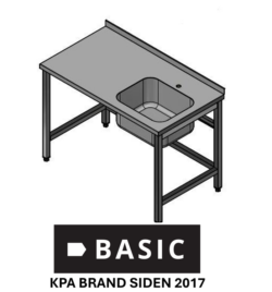 Fuldsvejst stålbord L:2000/D:700 m/ træindlæg BASIC med vask i højre side uden underhylde, Vask på 500x400x250