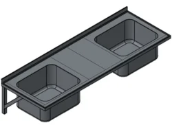 Væghængt stålbord 2000x700 med 2 vaske 600x500x300 i hver side af bordet