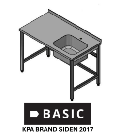 Fuldsvejst stålbord L:1400/D:700 m/ træindlæg BASIC med vask i højre side uden underhylde, Vask på 500x400x250