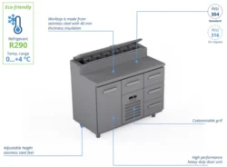 Saladette med 1 låge og 4 skuffer - DaytonDimensioner: 1200x660x900 mmTemperaturområde: 0°C - +4°CKølemiddel: R290Digitalt termostatdisplay