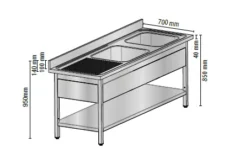 Rustfrit stålbord med 2 vaske i HØJRE side & underhylde