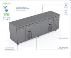 2400x660x900 kølebord med låger og 6 skuffer