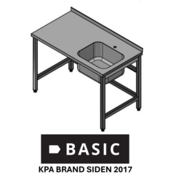 Fuldsvejst stålbord L:1600/D:700 m/ træindlæg BASIC med vask i højre side uden underhylde, Vask på 500x400x250
