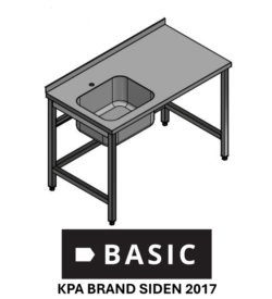 L:1600/D:700 Fuldsvejst stålbord m/ træindlæg BASIC med vask i venstre side uden underhylde, Vask på 500x400x250